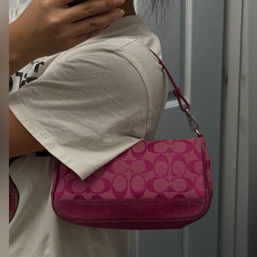 Coach HOT PINK Signature Logo Demi Hamptons Baguette Mini Bag Canvas Leather Y2K - Picture 8 of 12